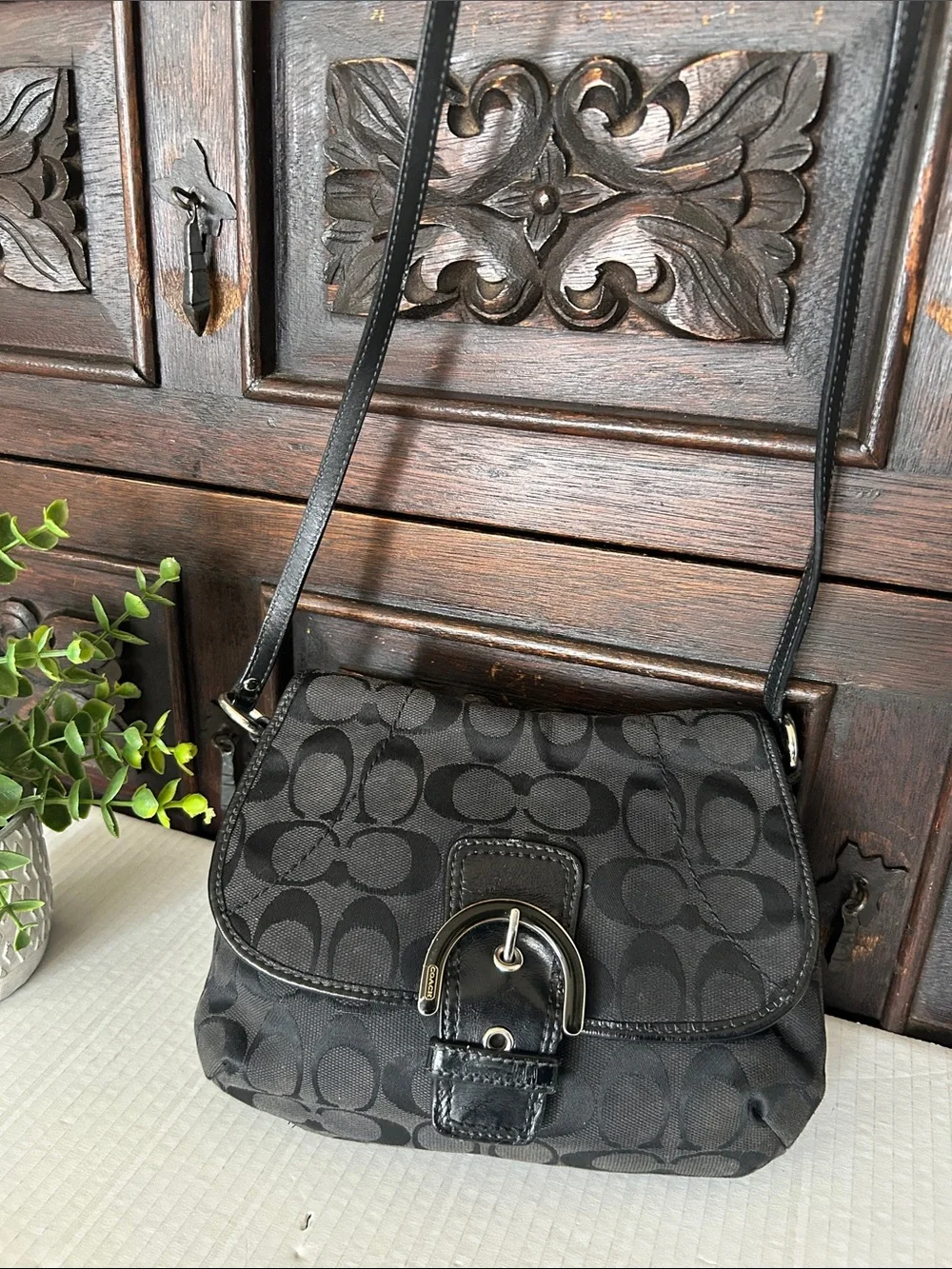 Coach Black Signature Canvas Crossbody with Buckle Detail